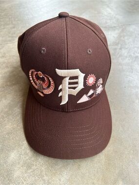 Primitive Brown Baseball Cap with Cream Logo and Embroidery